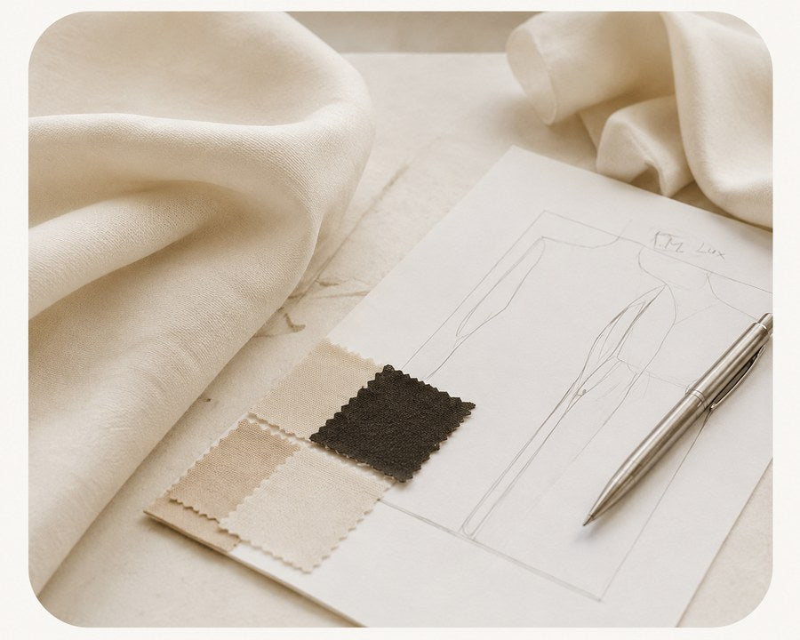 Atelier AM LUX COUTURE à Lyon, croquis et matières pour une robe de mariée sur mesure